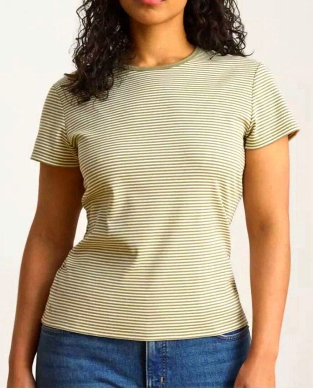 Lauren Ralph Lauren Striped Rib-Knit Stretch Cotton Tee Medium Olive Green